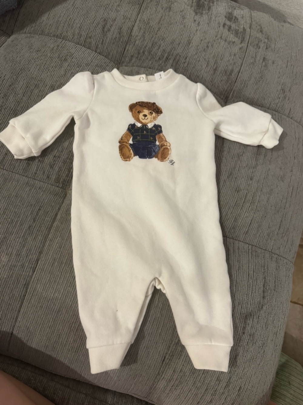 Ralph Lauren White Baby Footie with Teddy Bear Motif